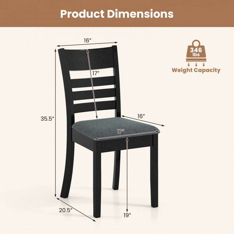 Wooden dining chair with slatted back, upholstered seat, and rubber wood frame; ideal for kitchen or dining room use.