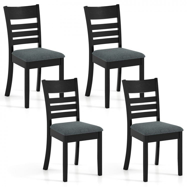 Set of 4 black wooden dining chairs with upholstered seats, featuring high backrests for comfort and durability.