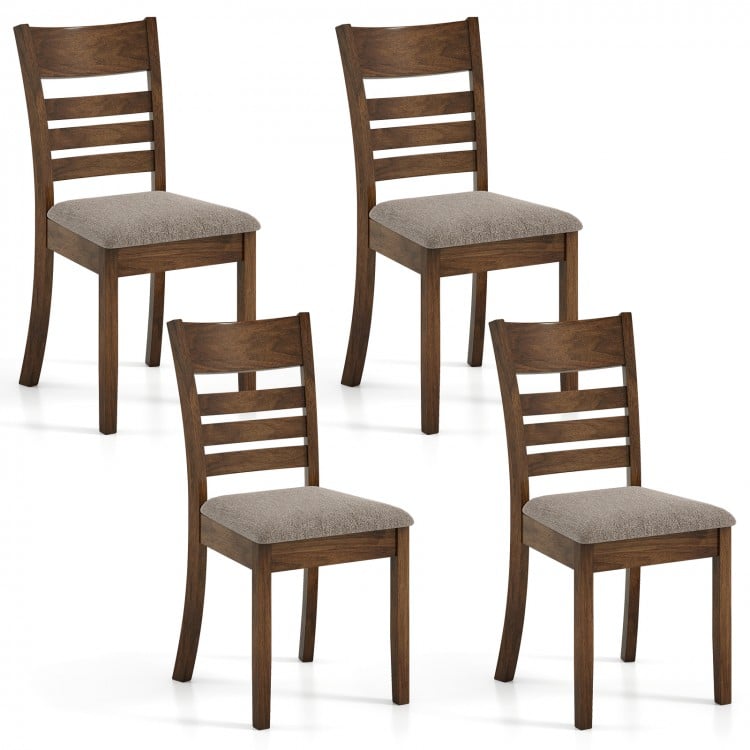 Set of 4 wooden dining chairs with upholstered seats, brown rubber wood frame, ideal for kitchen or dining room use.