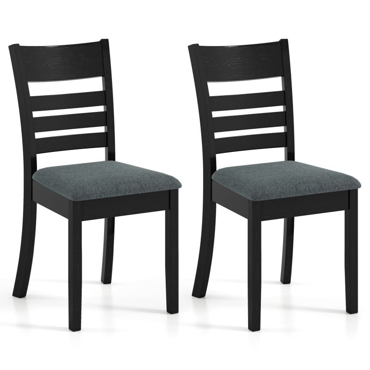 Set of 2 black wooden dining chairs with upholstered seats, featuring a high backrest and slatted design for comfort.
