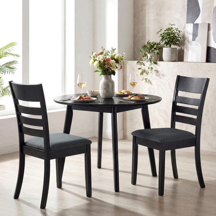 Black upholstered dining chairs set of 2 with rubber wood frame, featuring high backrest and padded seats for comfort.