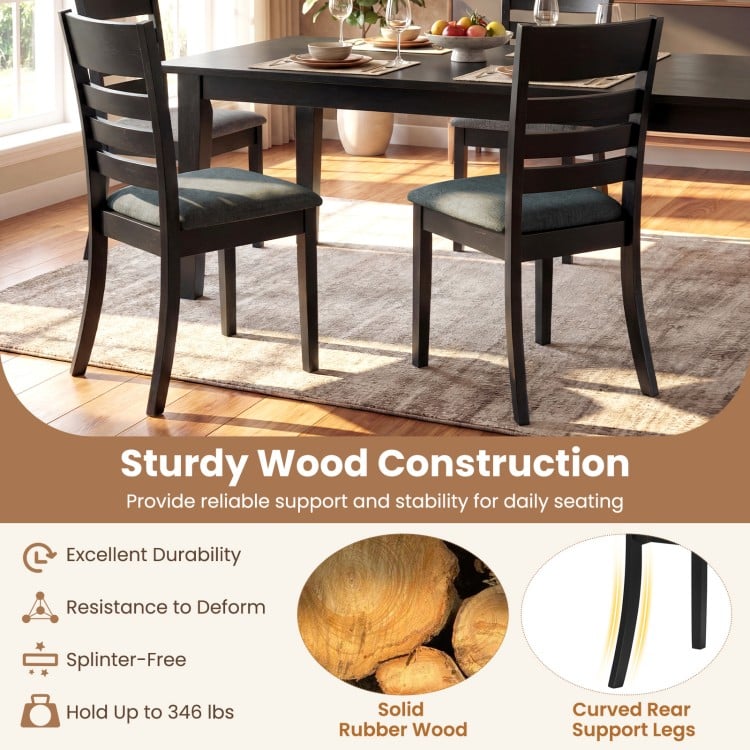 Black upholstered dining chair set of 2 with solid rubber wood frame, high backrest, and padded seat for comfort.