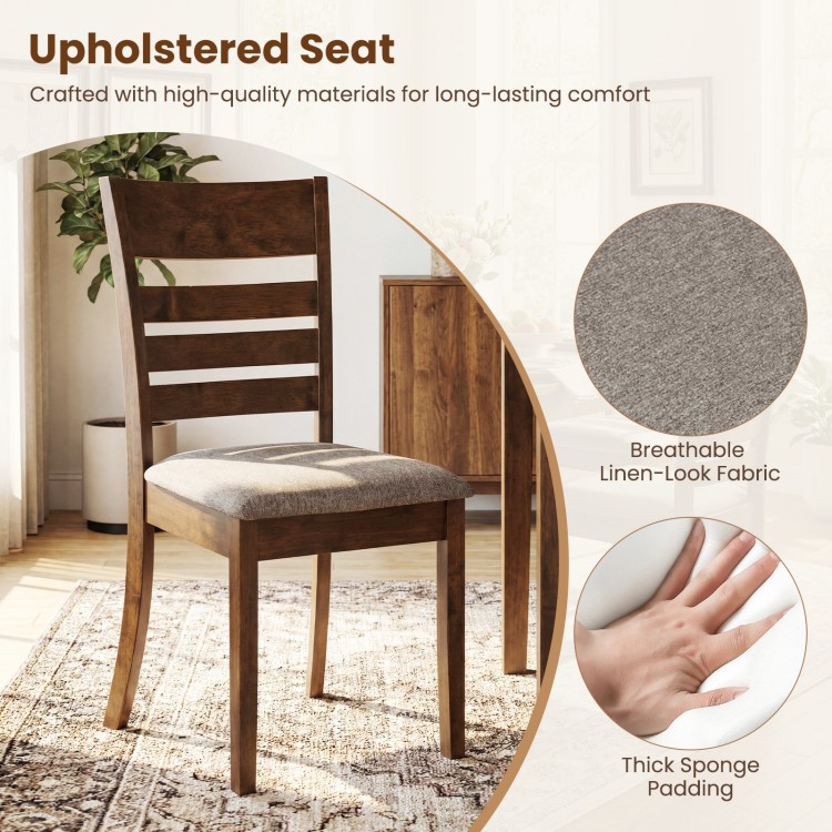 Wooden dining chair with upholstered seat, rubber wood frame, and slatted back for comfort in kitchen or dining room.
