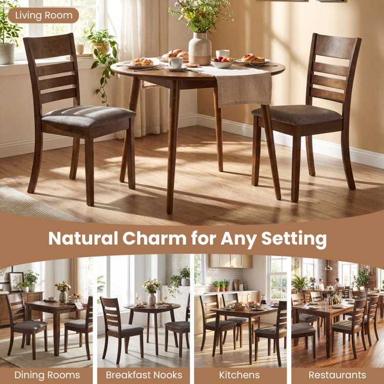 Set of 2 brown upholstered wooden dining chairs with rubber wood frame, ideal for kitchens and dining rooms.