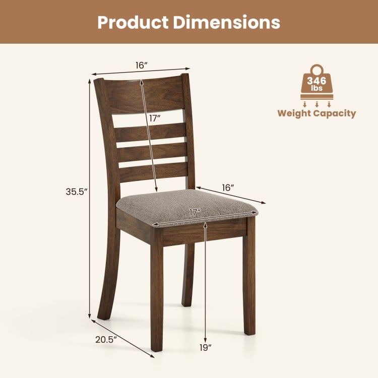 Wooden dining chair with slatted back, padded seat, and rubber wood frame, ideal for kitchen or dining room use.