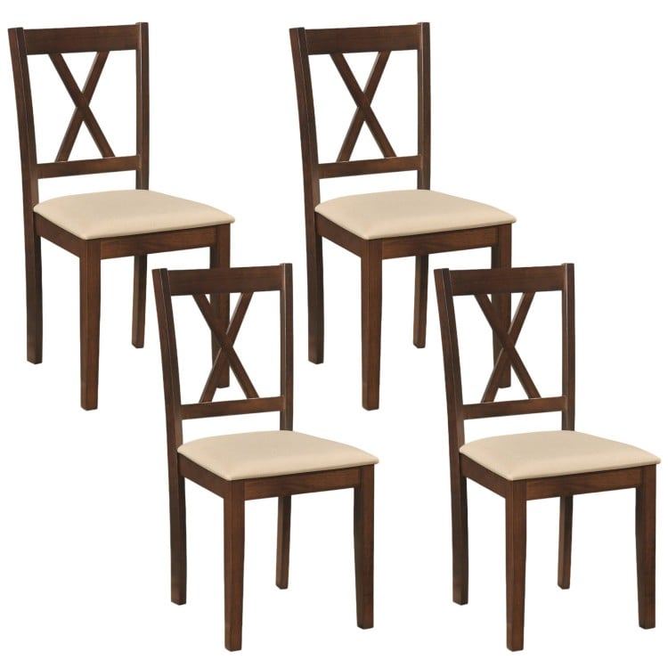 Set of 4 wooden dining chairs with walnut finish and upholstered seats for kitchen or dining room use.