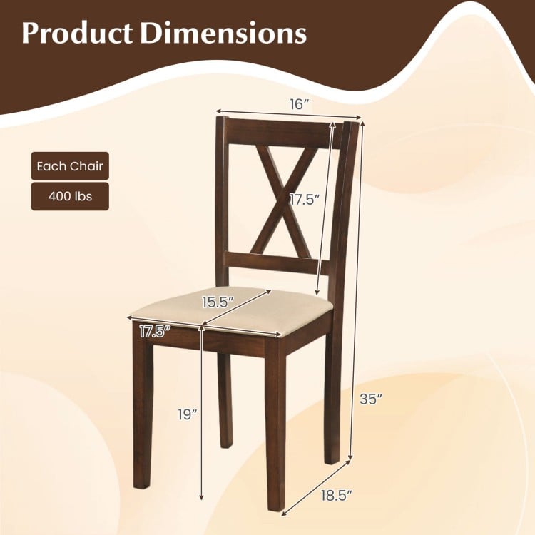 Wooden dining chair dimensions with ergonomic backrest, upholstered seat, and rubber wood legs for kitchen use.