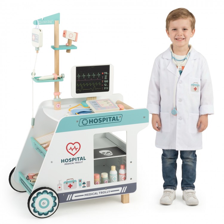 Wooden doctor playset cart with medical accessories for kids, featuring realistic scanning and measurement tools for.