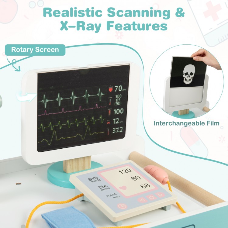 Wooden doctor playset with realistic scanning, X-ray features, and interchangeable film for imaginative role-play.