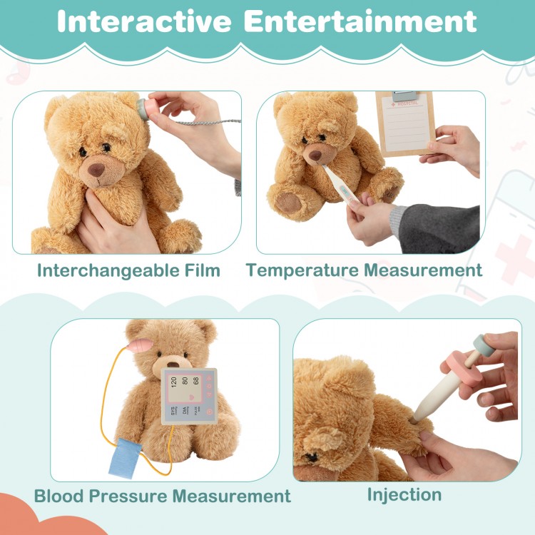 Interactive teddy bear with temperature and blood pressure measurement features for kids' doctor playset.