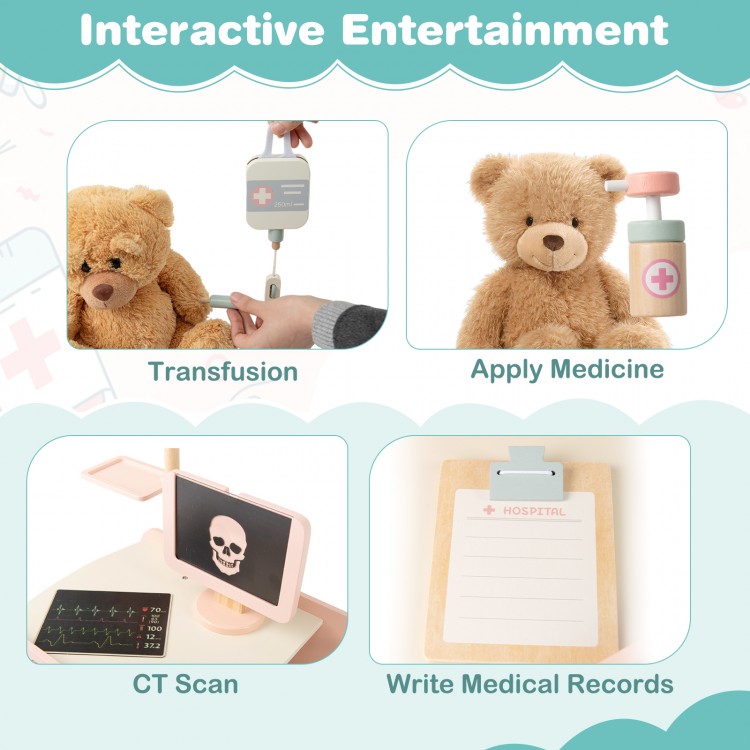 Wooden doctor playset for kids featuring a CT scan, medicine application, and transfusion accessories for imaginative.