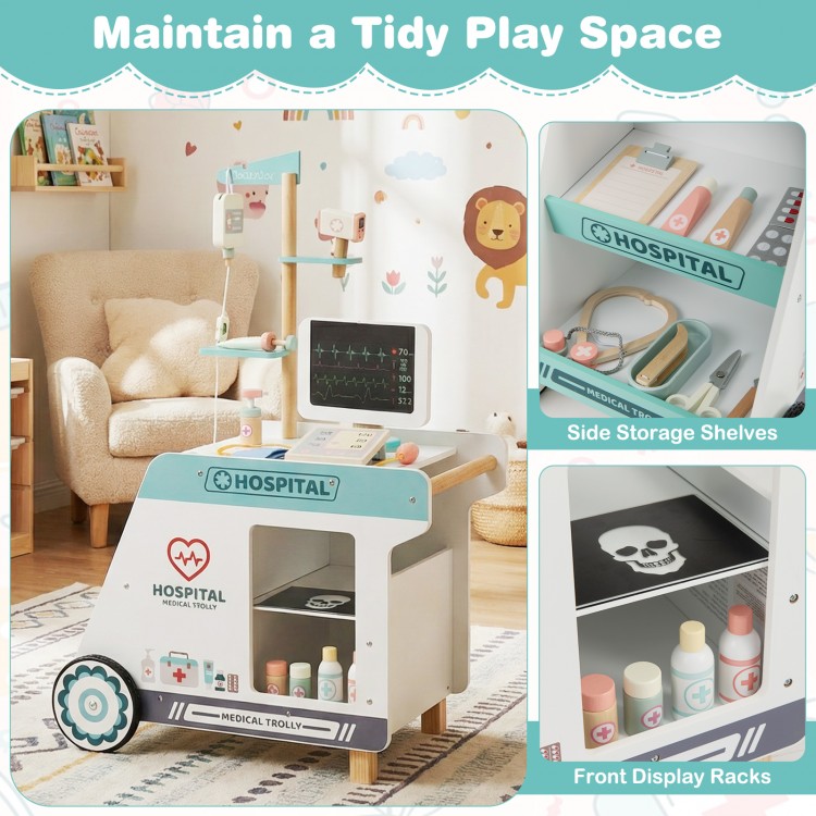 Wooden doctor playset cart with storage shelves, featuring realistic medical accessories for imaginative play for kids.