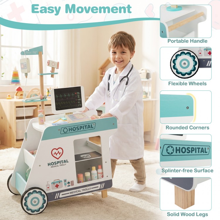 Wooden doctor playset cart with flexible wheels, solid wood legs, and realistic medical accessories for imaginative.