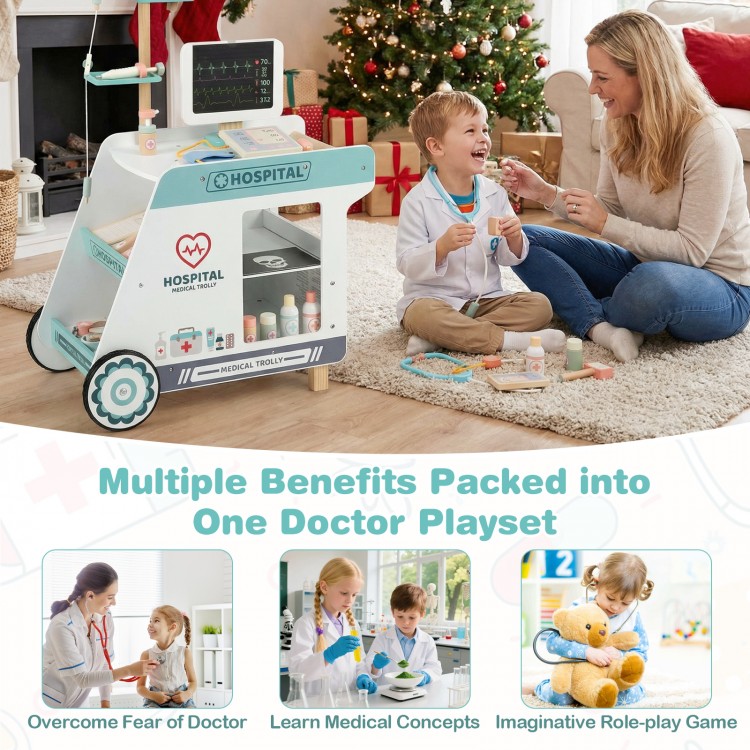 Wooden doctor playset with cart, featuring realistic medical tools for imaginative role-play, suitable for kids aged 3+.
