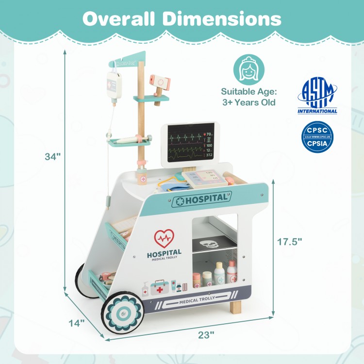 Wooden doctor playset cart with realistic features, storage shelves, and flexible wheels for imaginative role-play.