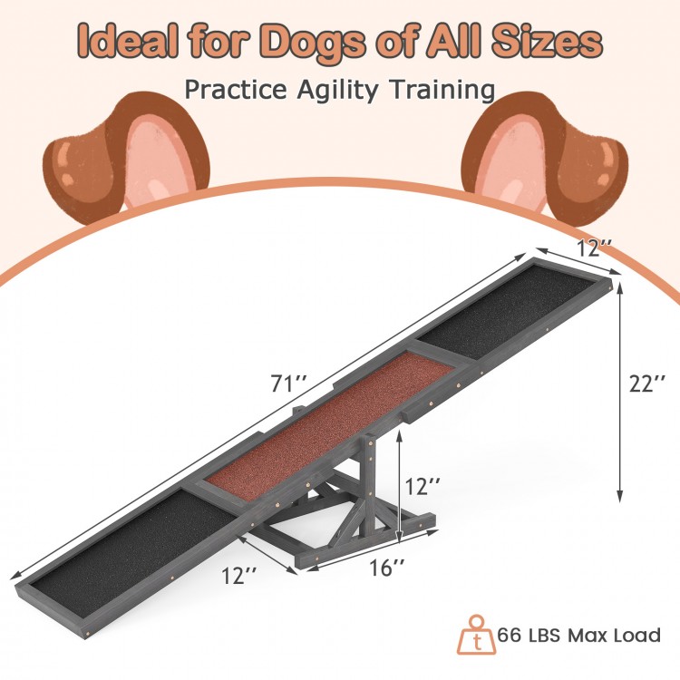 Wooden dog agility seesaw in gray with sand grain surface, designed for outdoor training and obstacle courses for all.
