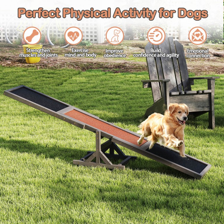 Wooden dog agility seesaw for outdoor play, crafted from spruce wood with high traction surface, ideal for training and.