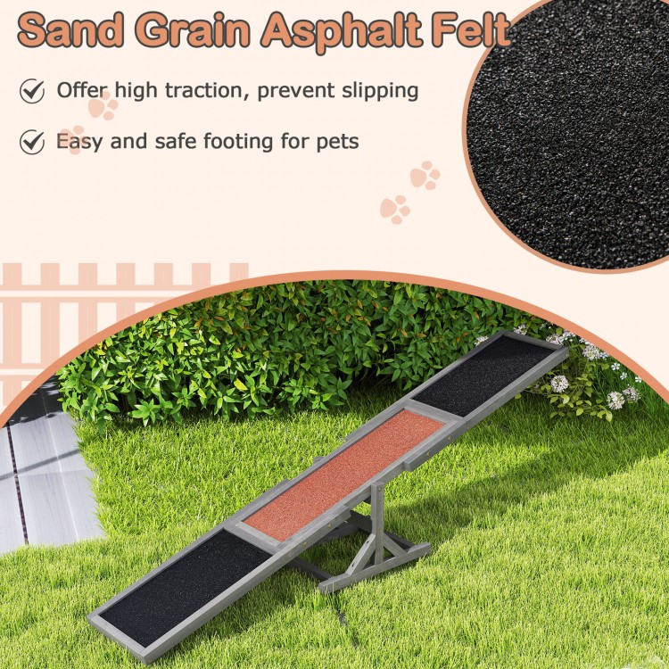Wooden dog agility seesaw with sand grain asphalt felt for high traction, ideal for outdoor obstacle courses.