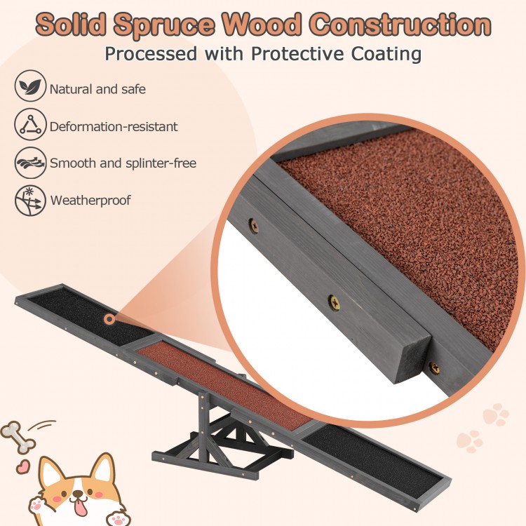 Wooden dog agility seesaw made of weatherproof spruce wood, featuring a high-traction surface for outdoor obstacle.