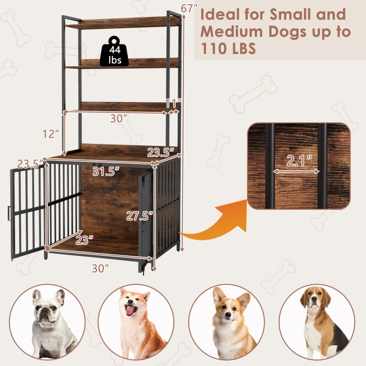 Wooden dog crate furniture in rustic brown with double doors and three shelves, ideal for small and medium dogs up to.