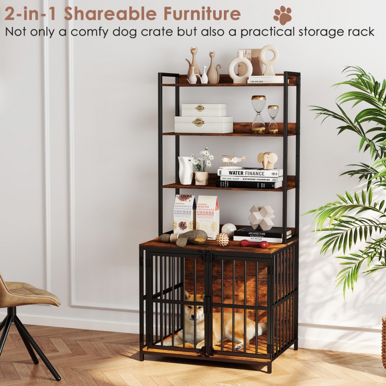 Wooden dog crate furniture in rustic brown with storage shelves, ideal for small dogs and versatile home decor.