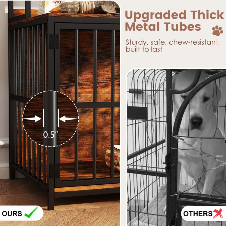 Wooden dog crate furniture in rustic brown with double doors and thick metal tubes, ideal for small to medium dogs.