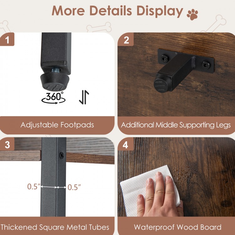 Adjustable footpads and middle supporting legs of the rustic brown wooden dog crate furniture for enhanced stability.