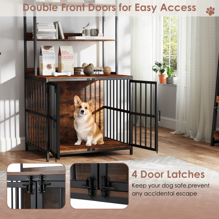 Wooden dog crate furniture in rustic brown with double doors and storage shelves, ideal for small to medium dogs.