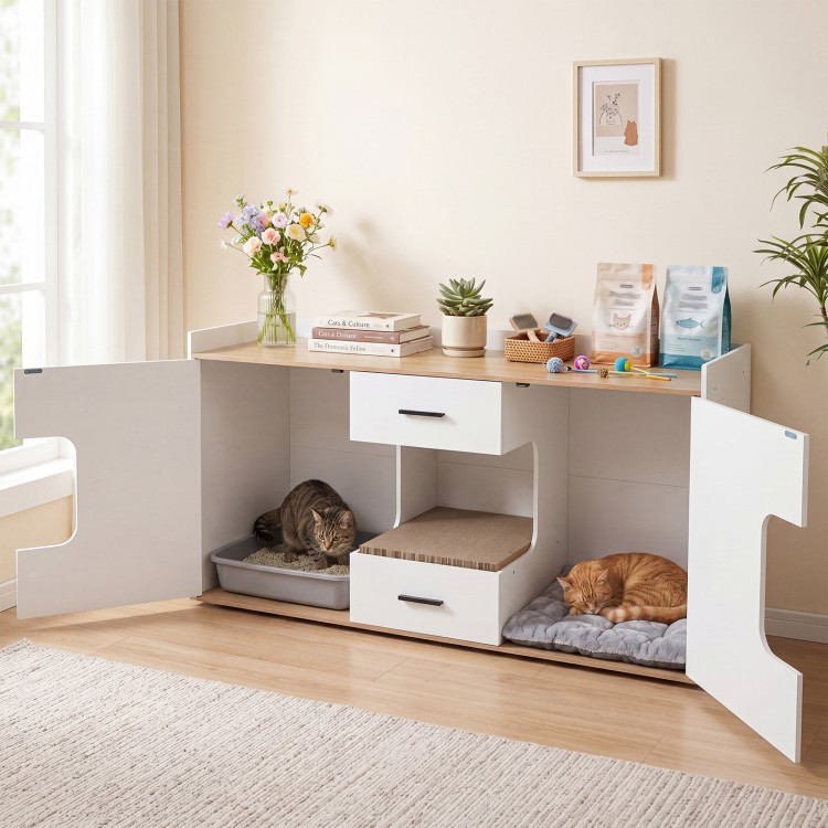 Wooden hidden cat house cabinet with two drawers and doors, featuring a spacious countertop for plants and books.