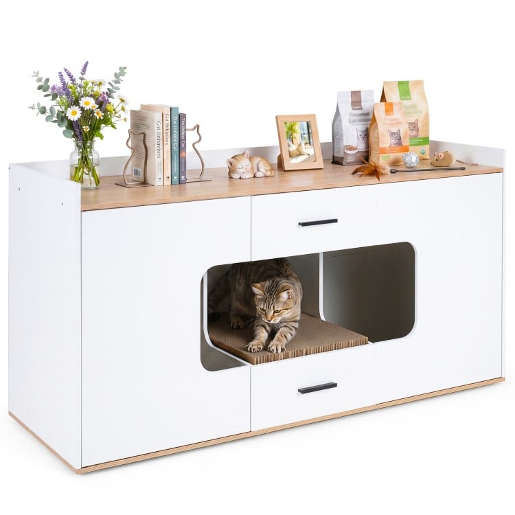 Wooden hidden cat house cabinet with a spacious countertop, two drawers, and a concealed litter area for organized pet supplies.