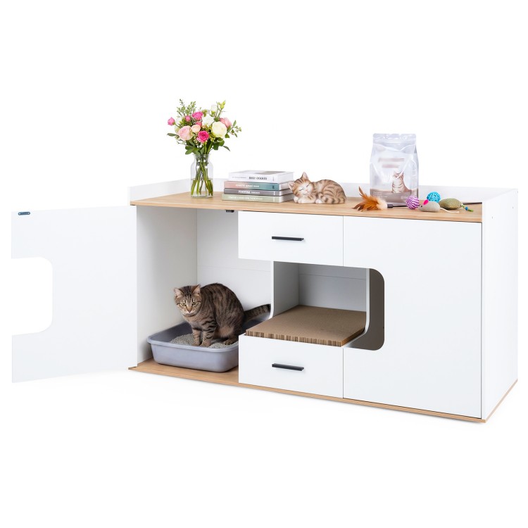 Wooden hidden cat house cabinet with wide countertop, two drawers, and concealed litter area for organized pet supplies.