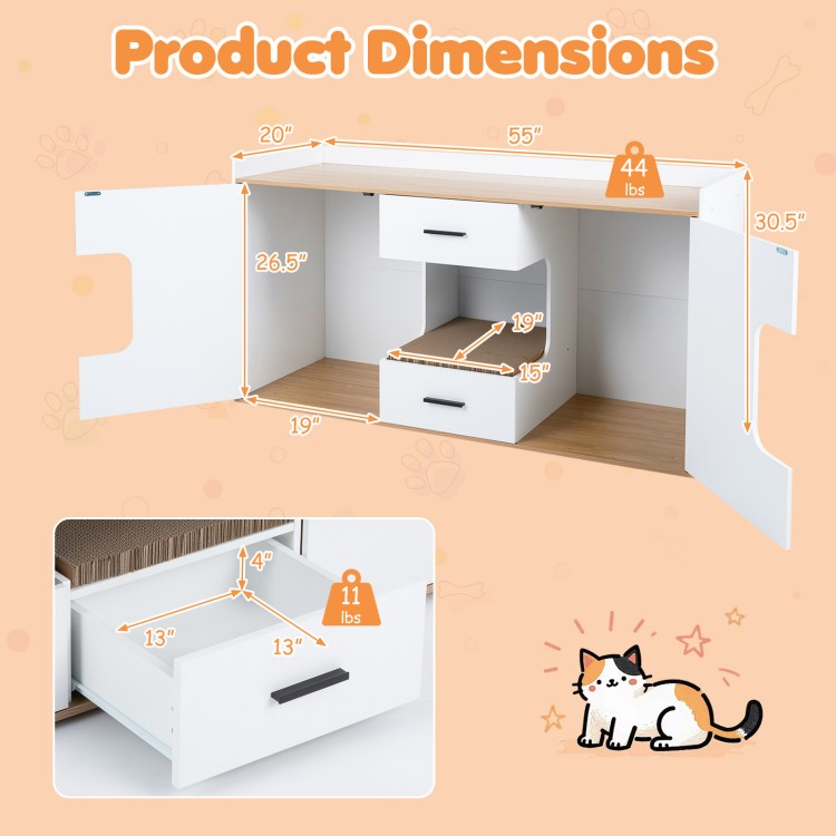 Wooden hidden cat house cabinet with two drawers, two doors, and a spacious countertop for versatile storage solutions.