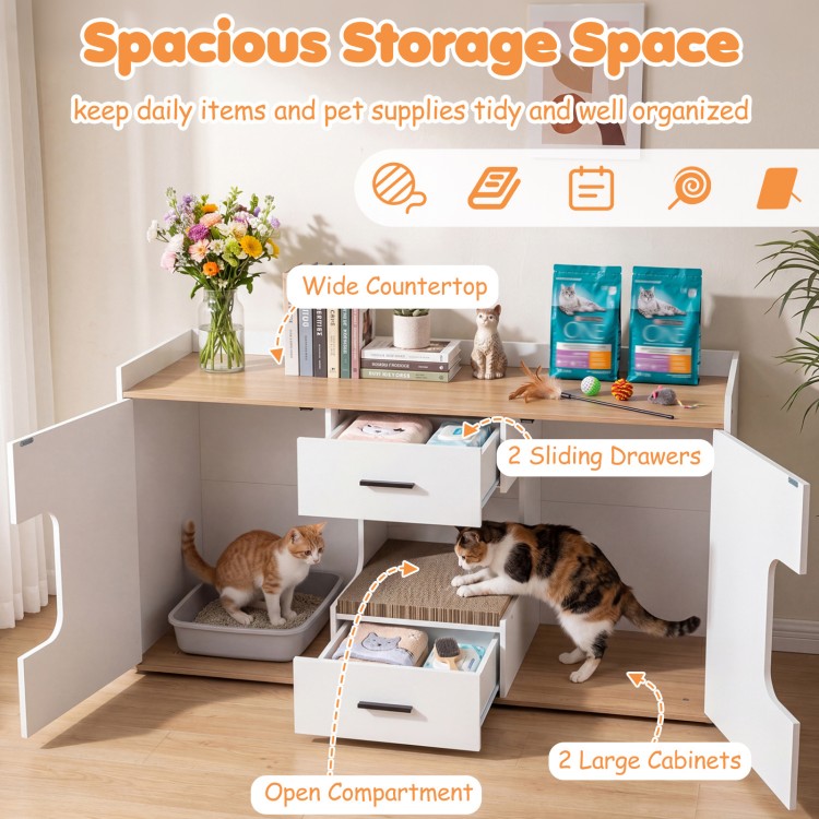 Wooden hidden cat house cabinet with wide countertop, 2 drawers, and 2 doors for organized pet supplies and daily items.