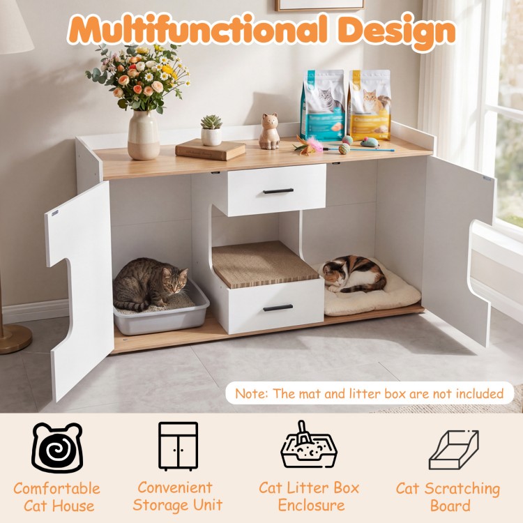 Wooden hidden cat house cabinet with two drawers and doors, ideal for storage and a concealed litter area in any room.