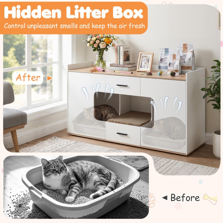 Wooden hidden cat house cabinet with two drawers and doors, designed for litter box concealment and odor control.