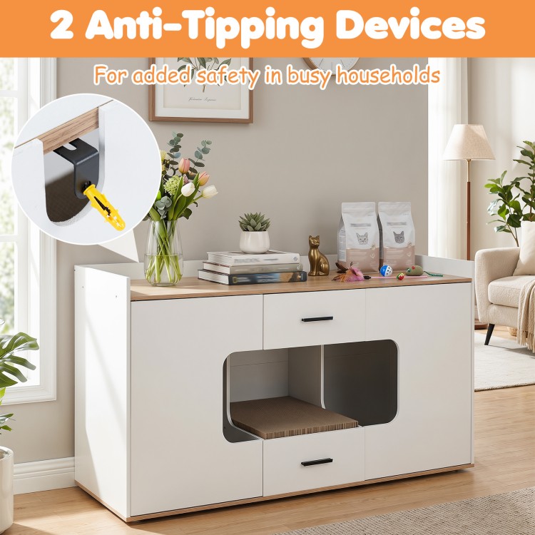 Wooden hidden cat house cabinet with wide countertop, two drawers, and anti-tipping devices for added safety in busy households.