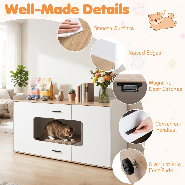Wooden hidden cat house cabinet with wide countertop, two drawers, and doors, perfect for pet supplies and home organization.