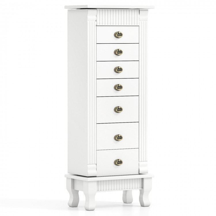 White wooden jewelry armoire with seven drawers and swing doors, featuring a mirror under the top lid for elegant.