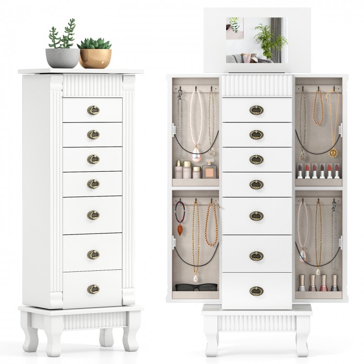 White wooden jewelry armoire cabinet with 7 drawers and swing doors, featuring a mirror for stylish storage.