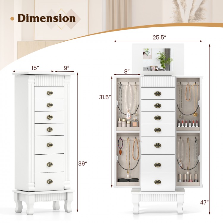 White wooden jewelry armoire cabinet with 7 drawers and swing doors, featuring a mirror and ample storage space.