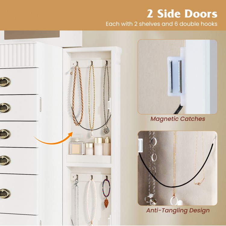 Wooden jewelry armoire cabinet in white with two side doors, featuring shelves and double hooks for organized storage.
