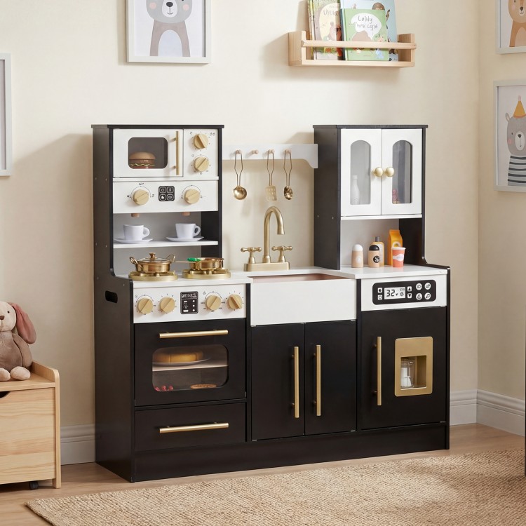 Wooden kids kitchen playset in black with realistic lights, sounds, and ample storage for imaginative play.