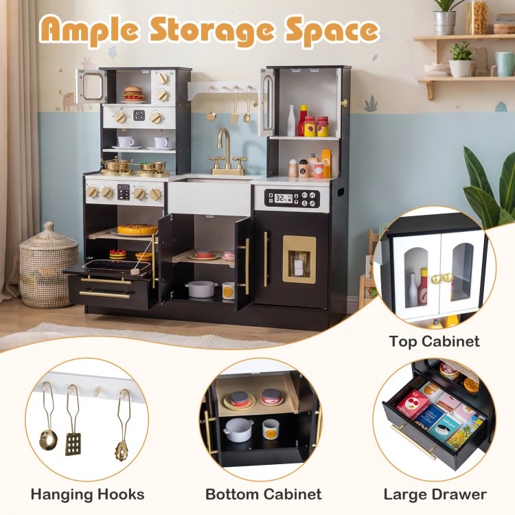 Wooden kids kitchen playset in black featuring ample storage with top cabinet, hanging hooks, and a large drawer for.