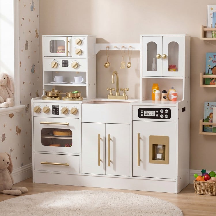 Wooden kids kitchen playset in white with realistic lights, sounds, and ample storage for imaginative play.