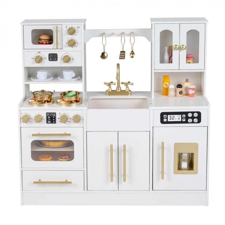 Detailed view of the wooden kids kitchen playset's oven and microwave, designed for imaginative cooking experiences.