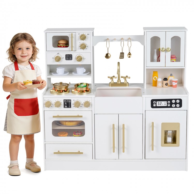 Interactive wooden kids kitchen playset in white, showcasing a child holding pretend food with stoves and realistic.