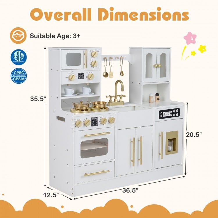 Overall dimensions of the wooden kids kitchen playset in white with realistic features, designed for safe imaginative.