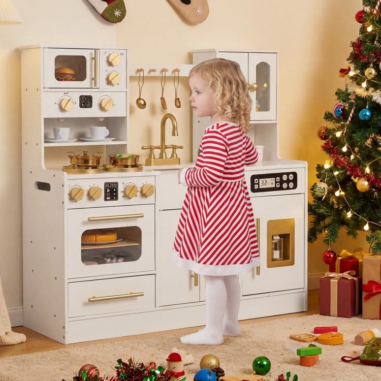Wooden kids kitchen playset in white with a child playing at the sink, featuring realistic lights and sounds for fun.