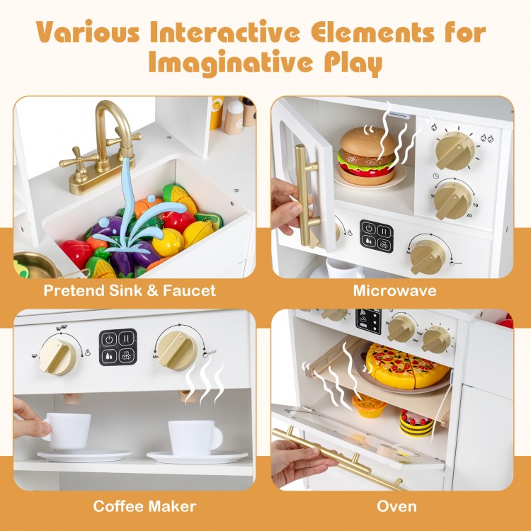 Wooden kids kitchen playset featuring a pretend sink, microwave, coffee maker, and oven for imaginative play.
