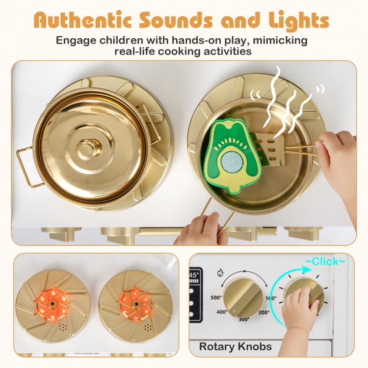 Wooden kids kitchen playset featuring two stoves with realistic sounds and lights, perfect for imaginative cooking play.